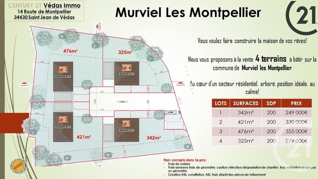 terrain à vendre - 342.0 m2 - MURVIEL LES MONTPELLIER - 34 - LANGUEDOC-ROUSSILLON - Century 21 Védas Immo