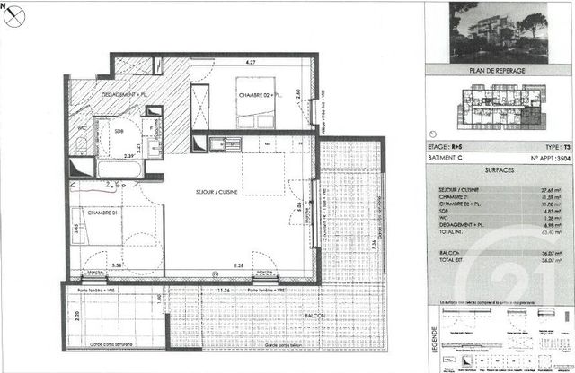 Appartement F3 à louer - 3 pièces - 63.4 m2 - MONTPELLIER - 34 - LANGUEDOC-ROUSSILLON - Century 21 Védas Immo